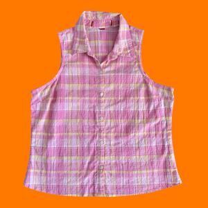 90's vintage pink and yellow plaid collared button up tank top M/L